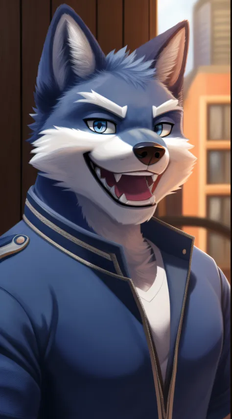 There is a cartoon cat wearing a blue jacket and a white shirt, Furry character portrait, sly smile, male anthropomorphic wolf, ...