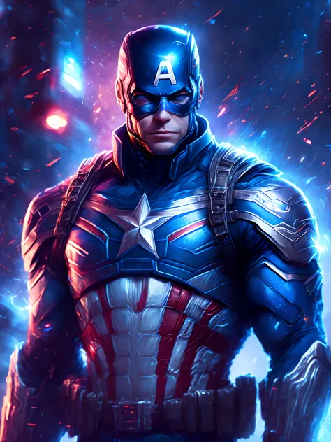 gloomy portrait of God Captain America from Marvel, extremely detailed, futuristic cityscape, nighttime, glowing neon lights, sm...