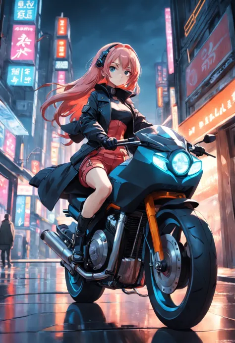 「((top-quality)), ((Best Retail)), (high level of detail: 1.3),。.。.3D、Beautiful fece（cyberpunked: 1.3）Hacker Woman、Female Spy、Riding a motorcycle