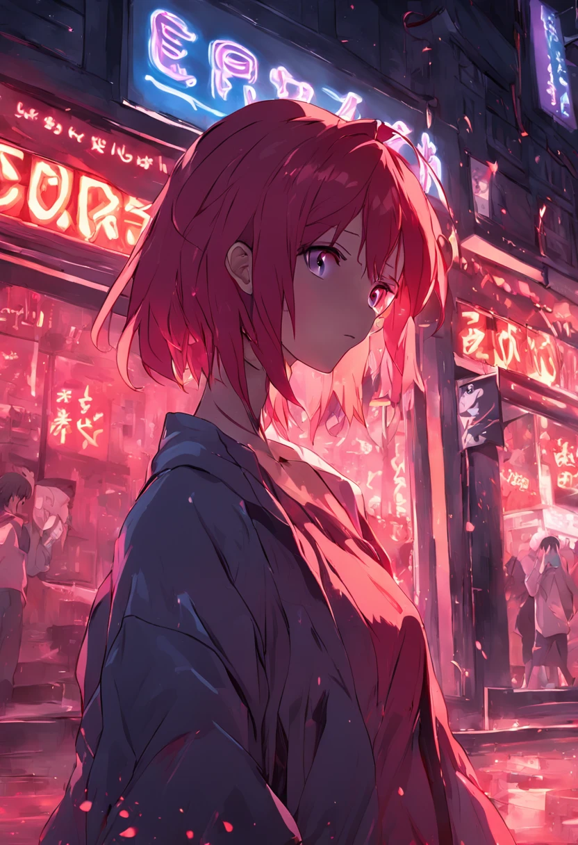 Anime girl in a city at night with neon signs - SeaArt AI