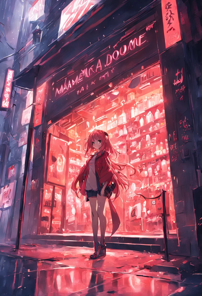 Anime girl in a red jacket walking in front of a store - SeaArt AI