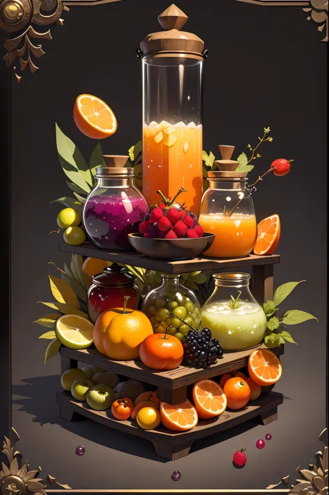 (Masterpiece: 1.2), (Best Quality: 1.2), Various types of glass sealed jars, fruits, juices, magic potions, colorful, well organ...