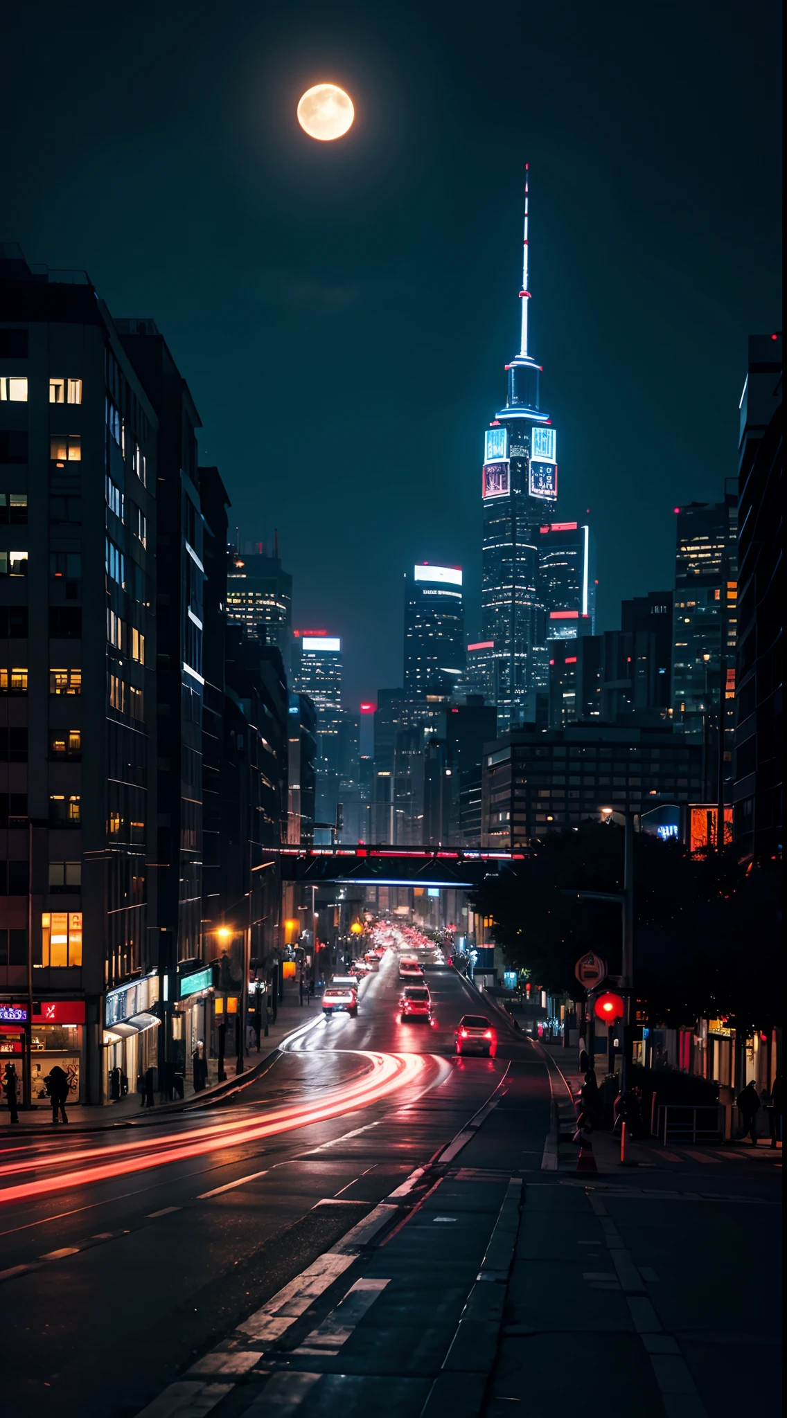 escena nocturna de la ciudad，bullicioso，óptico，vago，Premiado，la luna，belleza suprema，8k，Fondos de pantalla，luz de neón，Tráfico pesado，último detalle