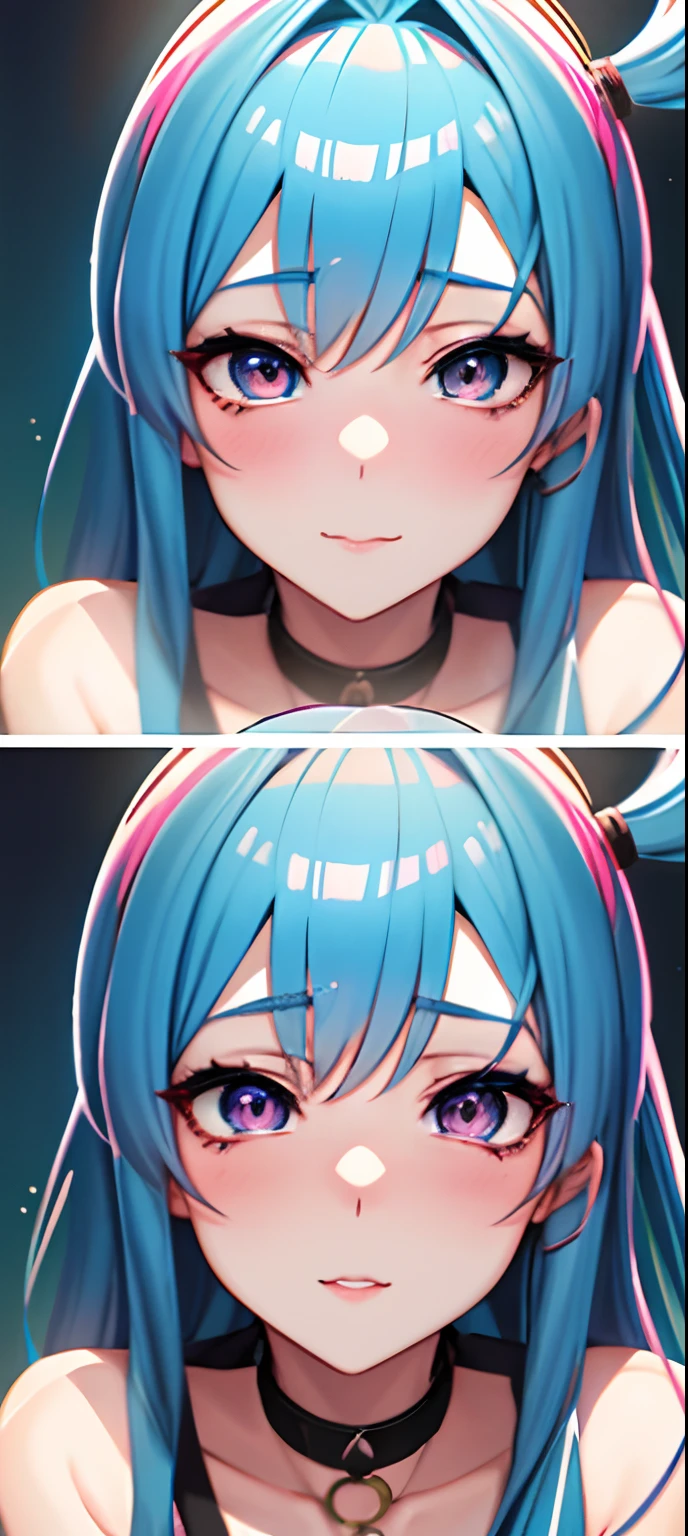 A close up of two pictures of a girl with blue hair - SeaArt AI