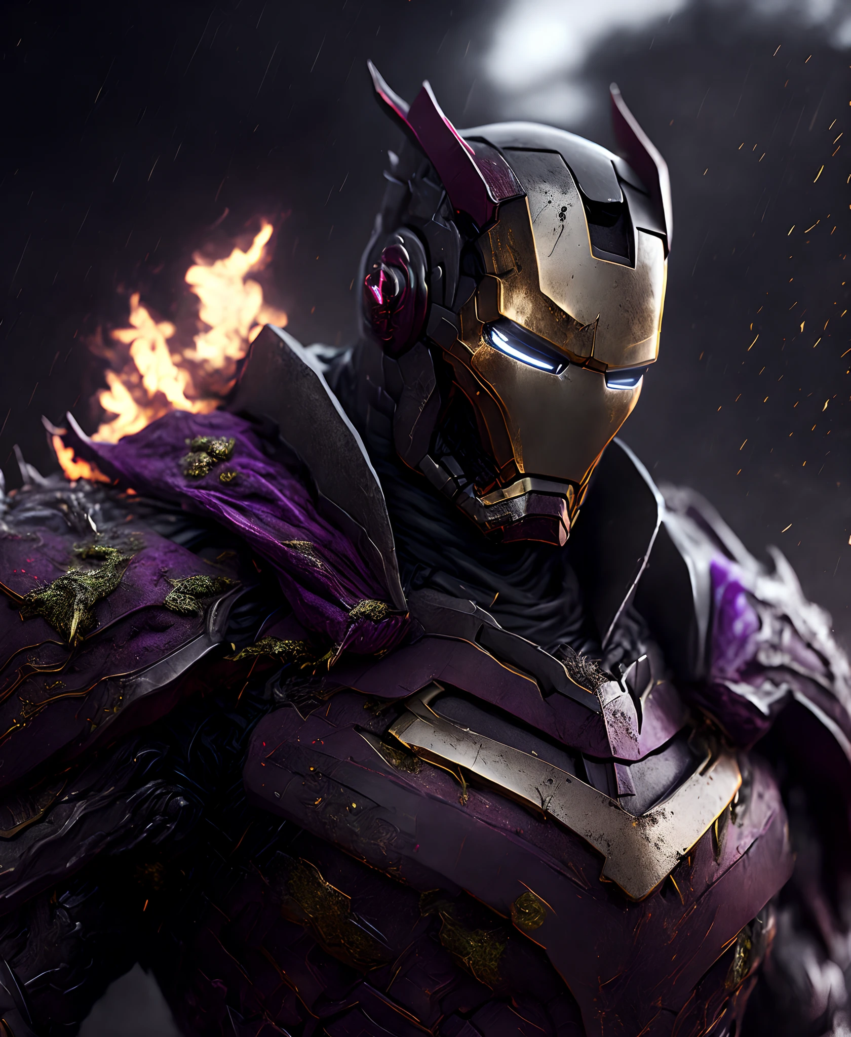 Close-up (Joker Iron Man in Viking style: 1.3) emerging from wet black mud, extremely detailed, smoke, sparks, metal shavings, flying debris, volumetric light