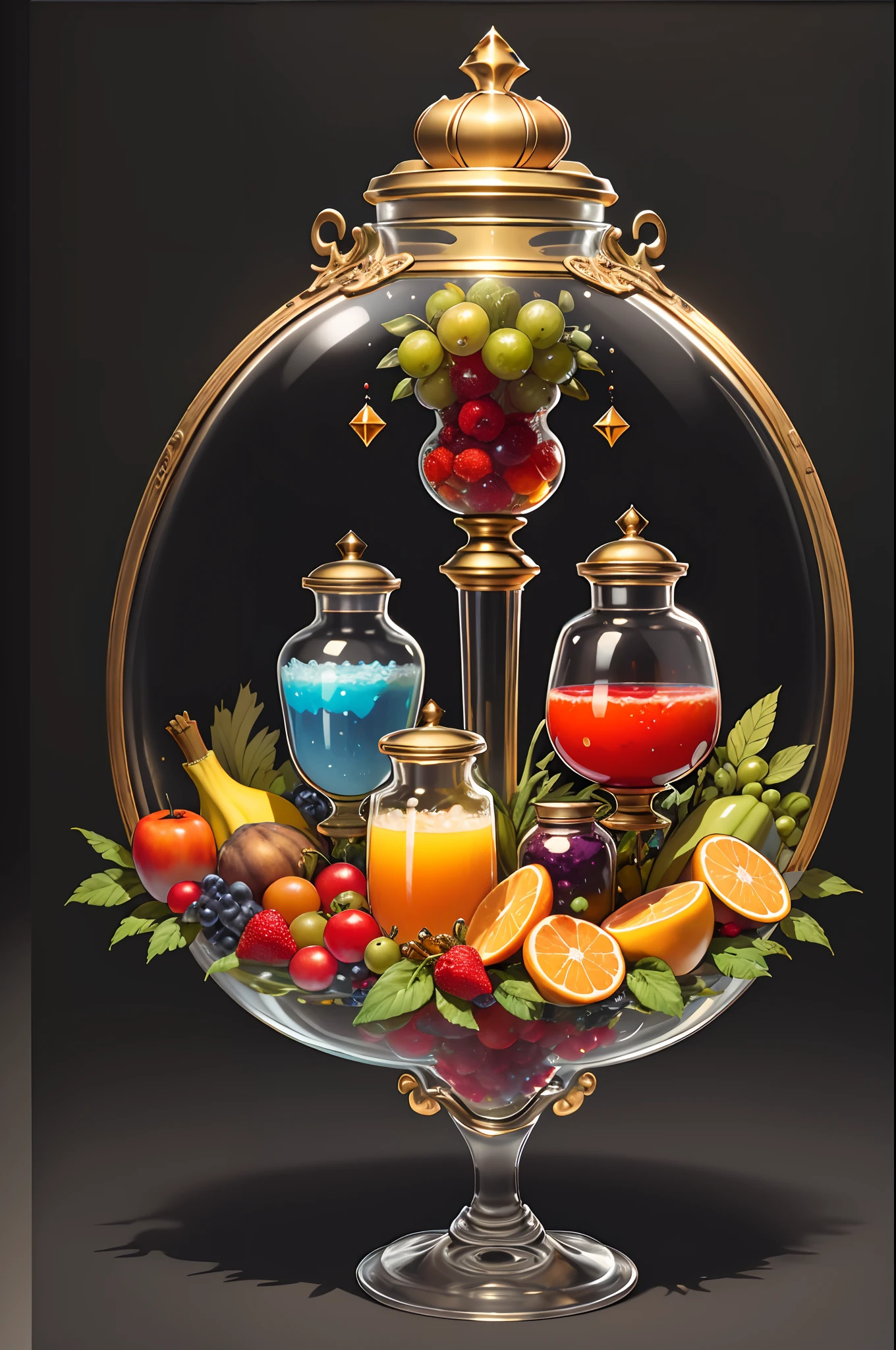 (Masterpiece: 1.2), (Best Quality: 1.2), Various types of glass sealed jars, fruits, juices, magic potions, colorful, well organized, arranged, black background, HD, Masterpiece, Super Detail, (Best Quality, High Resolution), Ultra HD, 32K, cgStation Pop