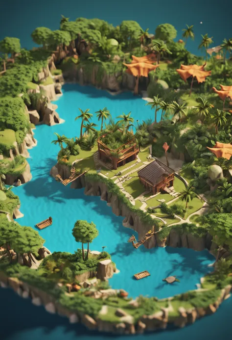 There is an island in the form of a musical note，Fantasy island in the form of musical note of the jungle 3D of medium distance, fundo da ilha, Tran Ross. Scenery background, mapa pintura fosca, epic matte painting of an island, isometric game art, Arte di...