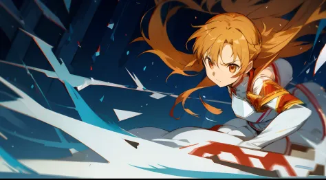 Asuna in a scenario of destruction with an expression of fear
