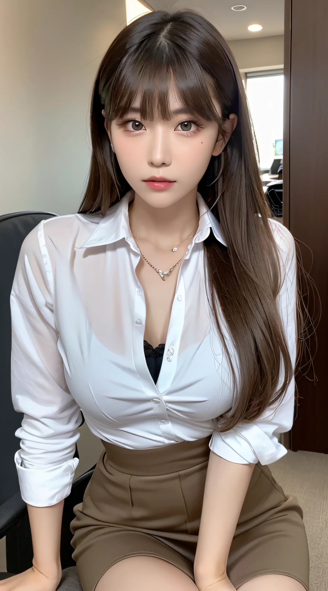 (Best Quality, 8K, masutepiece, Ultra HD: 1.3), 1girl in, mideum breasts, light brown hair, Blunt bangs, hair behind ear, hair over shoulder, Long hair,  slender body shape, Ultra Fine Face, Delicate lips, Beautiful eyes, Double eyelids, lipsticks,Facial expressions inviting a man, Ultra-thin hands, Ultra-fine fingers, shirt with collar, tight skirts , beauty legs ,pumps.s Office