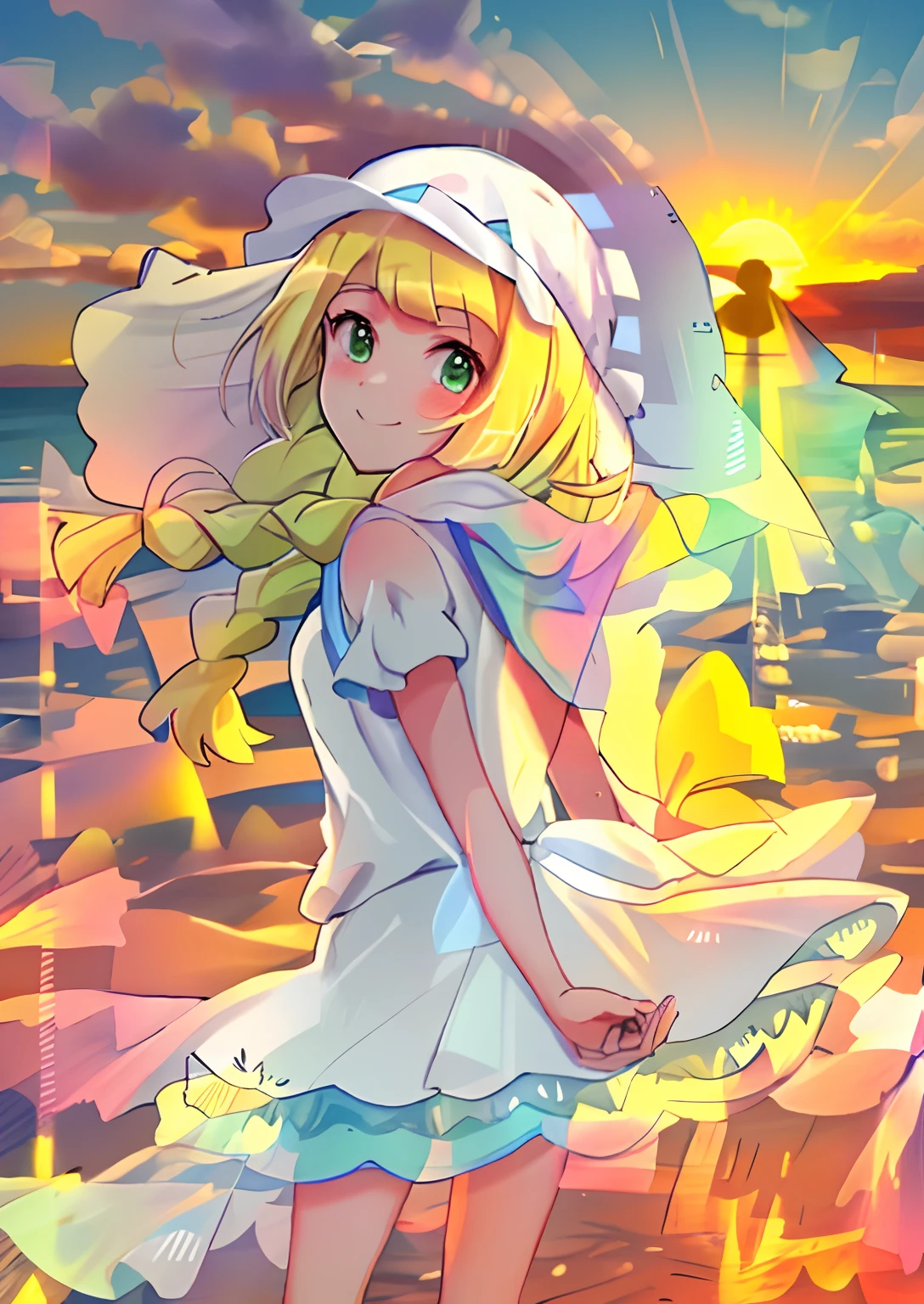 lillie\（pokemon\）， sea beach，White vistor hat in hand， 1girl, kid, single， standing， cowboy shot，Face away from the camera， looking back at you，Light blonde hair，Green eyes， smile， V arm， Own hands together， 2 braids，white shift dresses，best quality, masterpiece, Turn your back to your hand，sunset, the setting sun