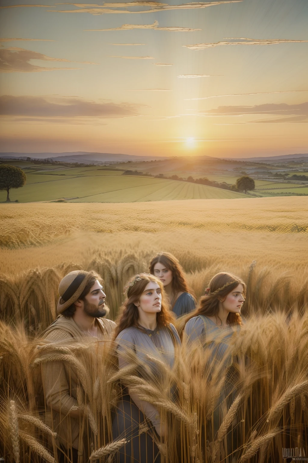 (((Pre-Raphaelite painting large amount of people in a wheat field, colheita, paisagem celta, por do sol)))