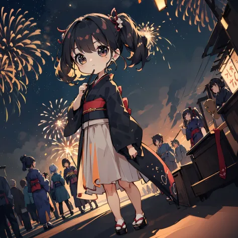 chibi:1.8,kimono,girl in yukata,blowing in the wind,summer festivals,natta,food stand,spirit stream,big  fireworks:1.7,fireworks...