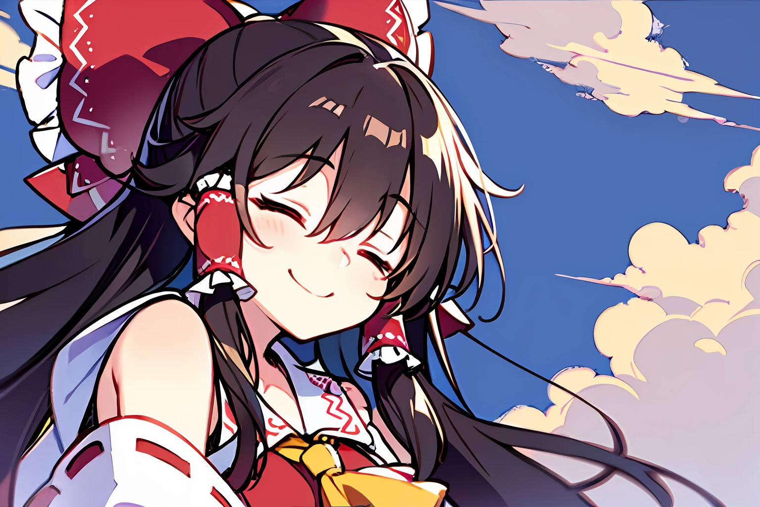 hakurei reimu,a smile,simple background,((((Close your eyes))))