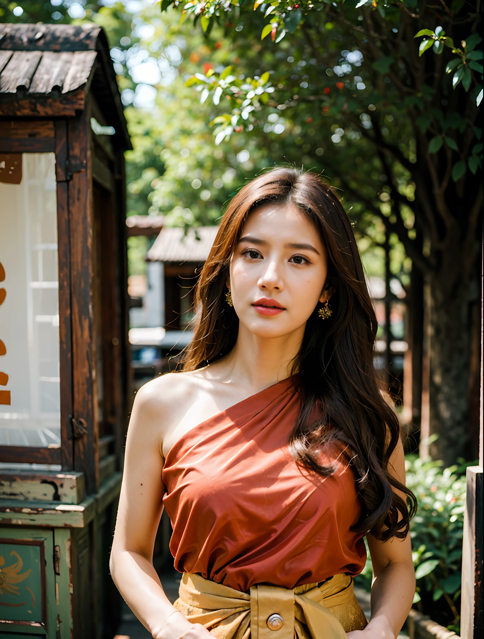 (8k,masterpiece,hi ultra res, realistic :1.3), best quality, portrait , realistic, focus face, 1  woman, brown long hair, thai traditional dress , ( red sabai:1.2), temple background, (breeze:1.2),(sun lighting:1.2)