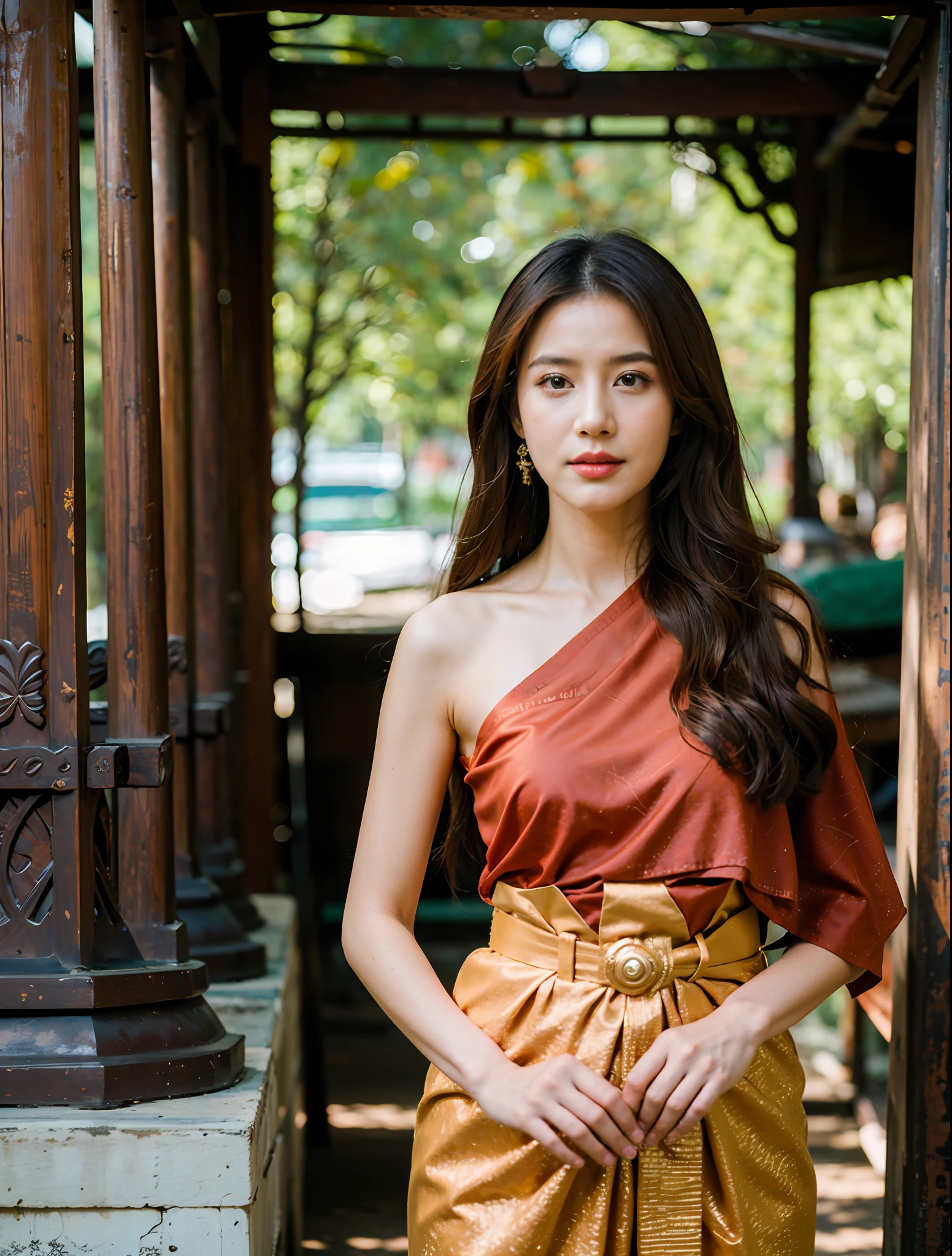 (8k,masterpiece,hi ultra res, realistic :1.3), best quality, portrait , realistic, focus face, 1  woman, brown long hair, thai traditional dress , ( red sabai:1.2), temple background, (breeze:1.2),(sun lighting:1.2)