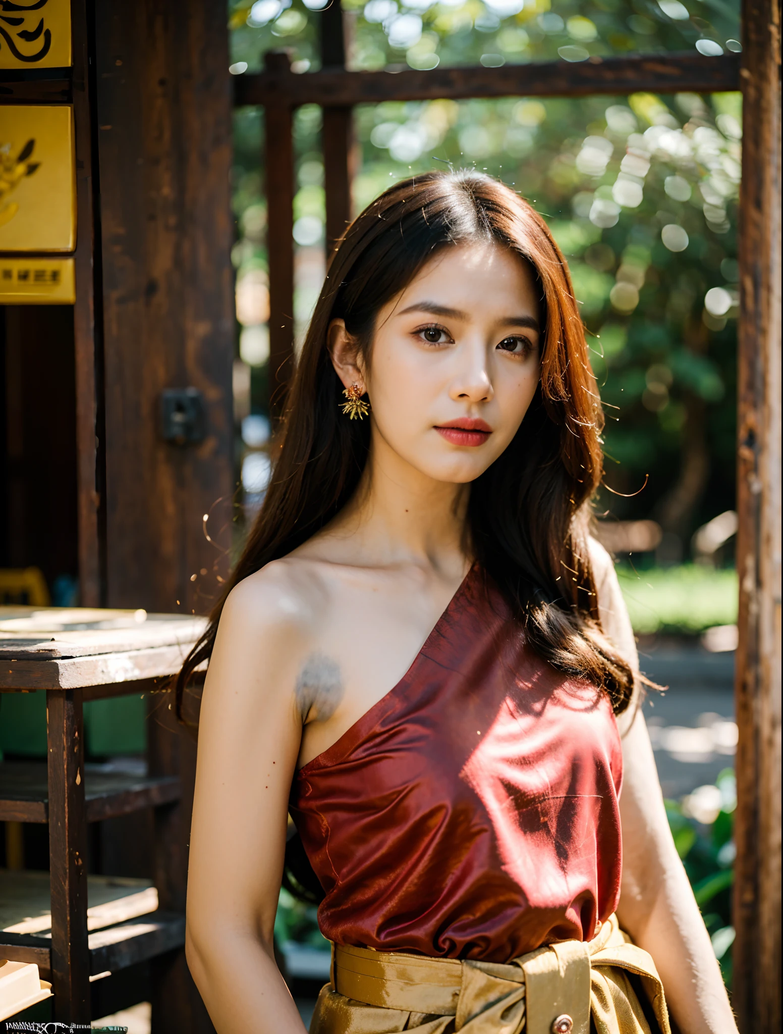 (8k,masterpiece,hi ultra res, realistic :1.3), best quality, portrait , realistic, focus face, 1  woman, brown long hair, thai traditional dress , ( red sabai:1.2), temple background, (breeze:1.2),(sun lighting:1.2)