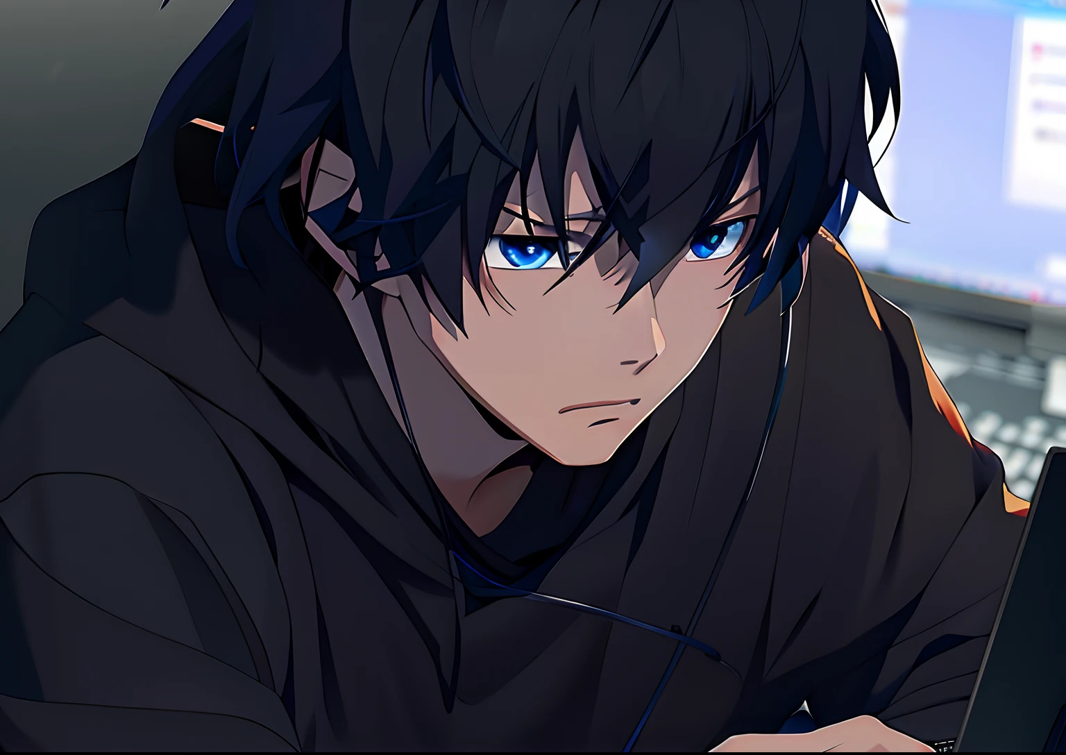 Anime boy with black hair and blue eyes using laptop, anime moe art style, young anime man, High Quality Anime Art Style, male anime character, Guviz-style artwork, Anime boy, Badass anime 8 K, Detailed digital anime art, Male anime style, Digital anime illustration, Tall anime guy with blue eyes, menacing look