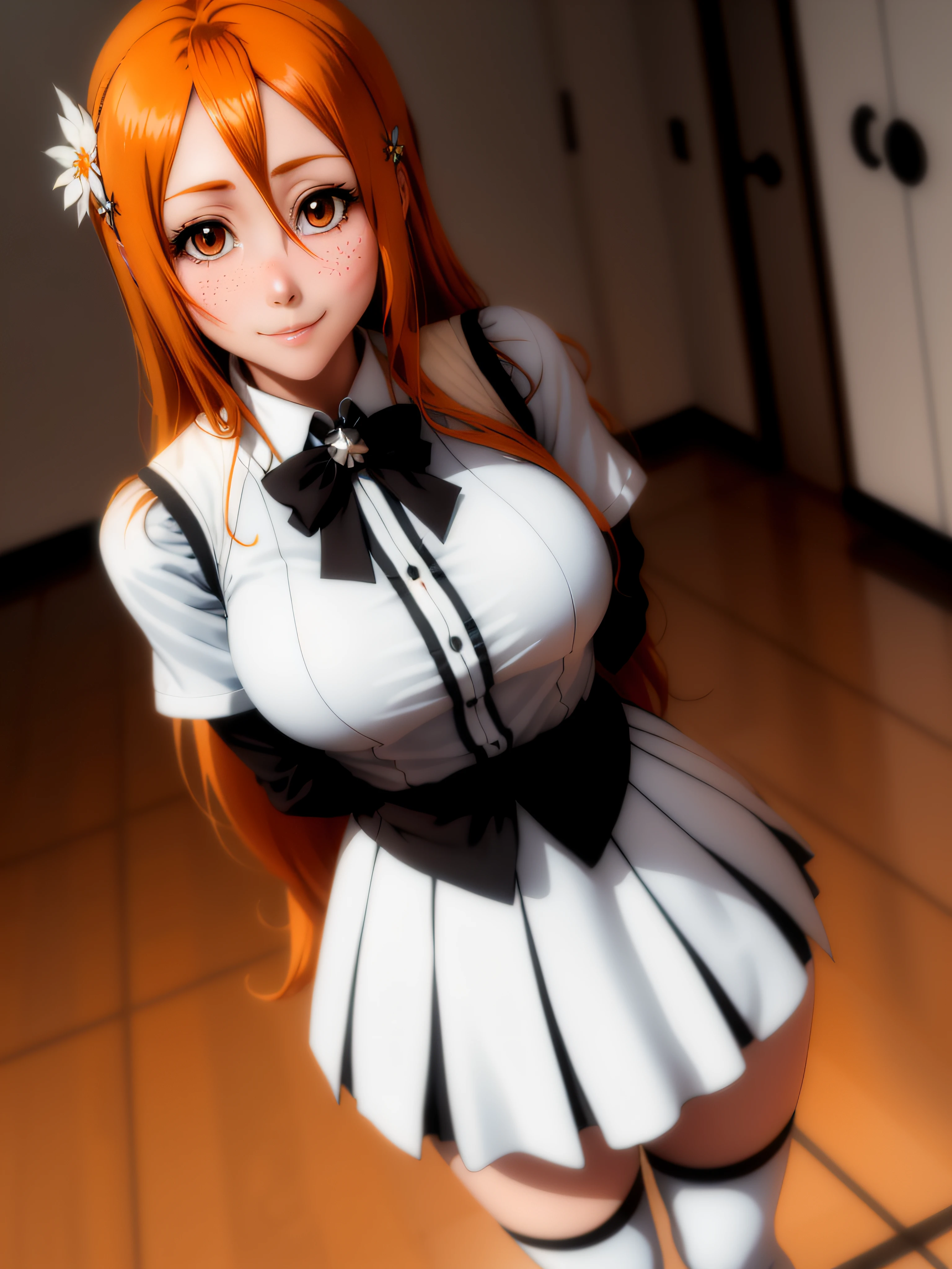 Orihime Inoue, bleichen, (((1 Mädchen))), (((Allein))), Schulkleid,Rock, Halloween Grau,Haare zwischen den Augen, lange Haare, Haarverzierung, Betrachter betrachten, Zerzaustes Haar,  Rote Haare, Allein, Strümpfe, Schenkel, lange Haare, ((Meisterwerk)), Stehen, sexy Pose, erröten, schüchtern, lächeln, schließt den Mund,