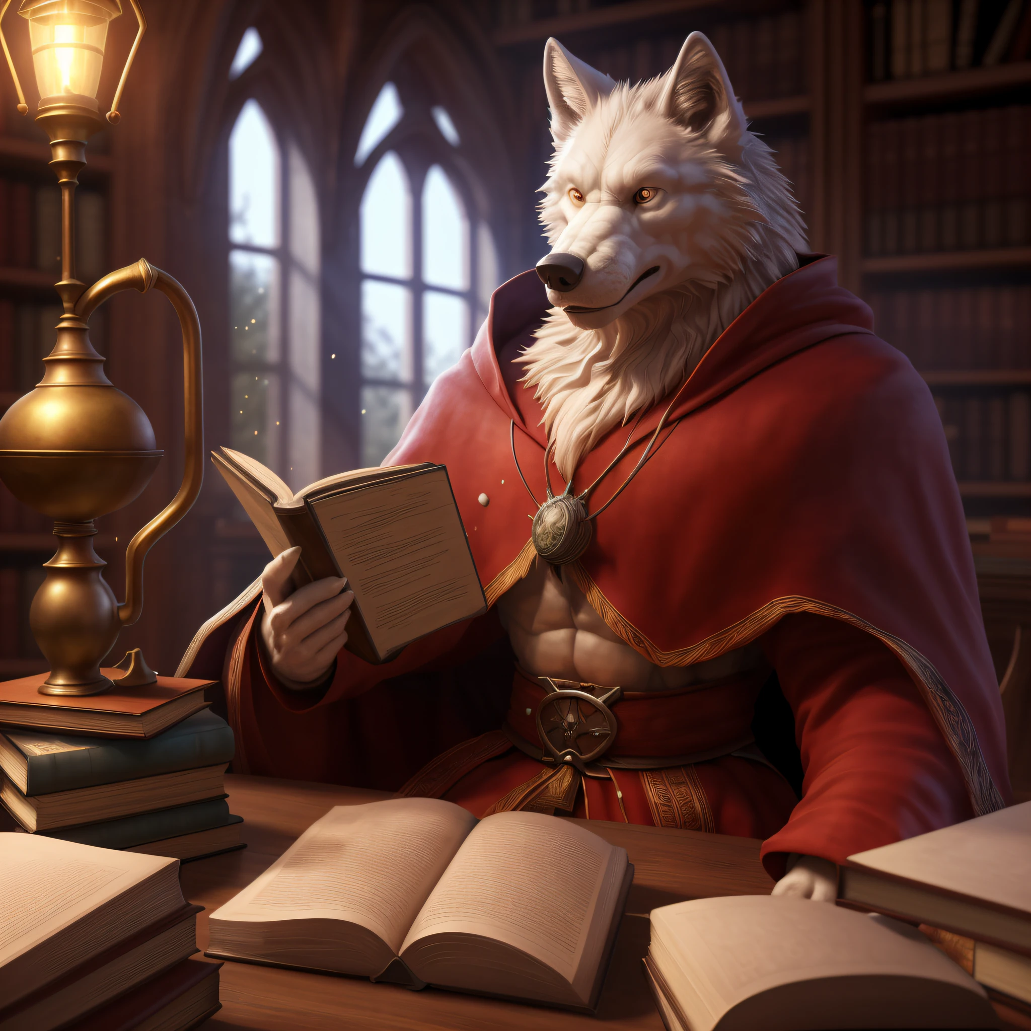 There is a white wolf sitting at a table reading a book, wizard sits reading at a table, The Librarian, Alchemist Library Background, From Cryptid Academia, realistic fantasy rendering, realistic fantasy illustration, Maxwell render, (Octane rendering) fantasy style, realistic shading and lighting, detailed cinematic dramatic skin, fantasy RPG book illustration, fantasy book illustration, librarian