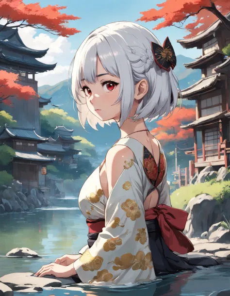 Detailed portrait of a Japanese girl, Skinny girl, Pear-shaped body, Red and black, old anime style, (anime big breast), (teen girl:1.2), Ghibli style, boobgasm, (tatoos:1.2), No shoulder strap, Shirt collar, Kneeling, looks away, in river, Flat colors, In...