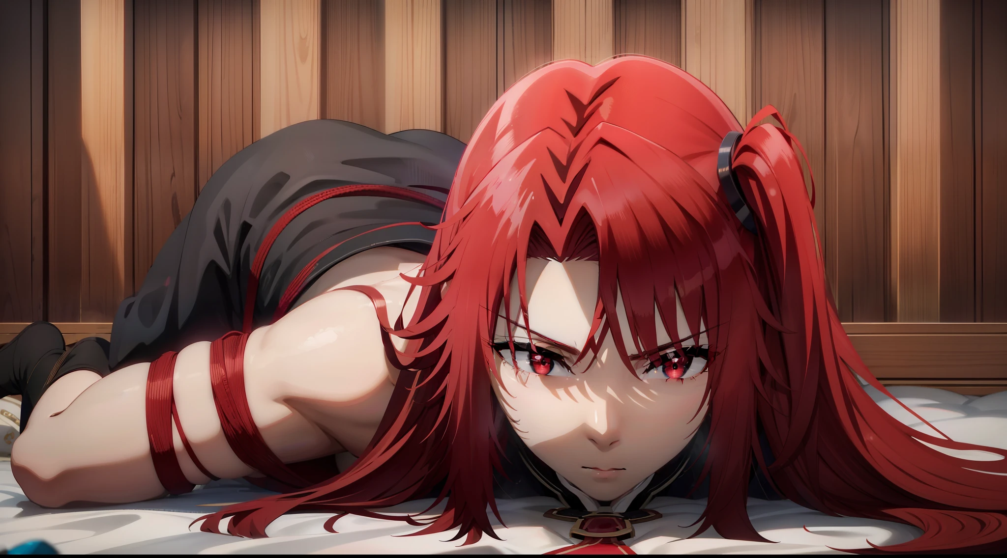 Anime girl with red hair laying on bed with her head on her stomach -  SeaArt AI