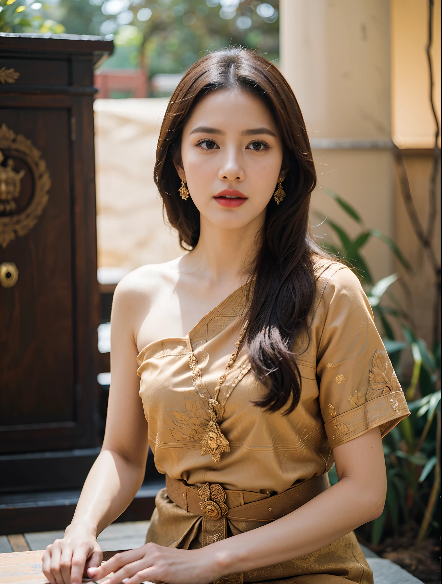 (8k,masterpiece,There's nothing wrong with it., Realistic :1.3), best quality, portrait , Realistic, face focus, 1 woman, brown long hair, Traditional Thai costume , ( comfortable:1.2), temple background, (breeze:1.2),(sun lighting:1.2)