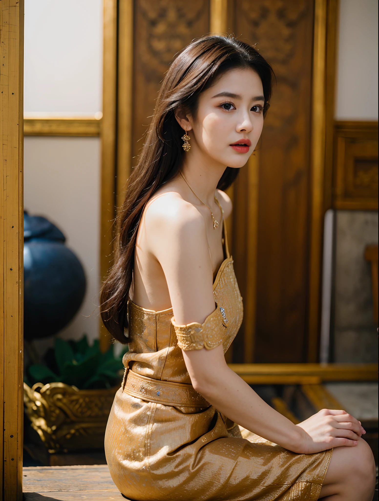 (8k,masterpiece,There's nothing wrong with it., Realistic :1.3), best quality, portrait , Realistic, face focus, 1 woman, brown long hair, Traditional Thai costume , ( comfortable:1.2), temple background, (breeze:1.2),(sun lighting:1.2)