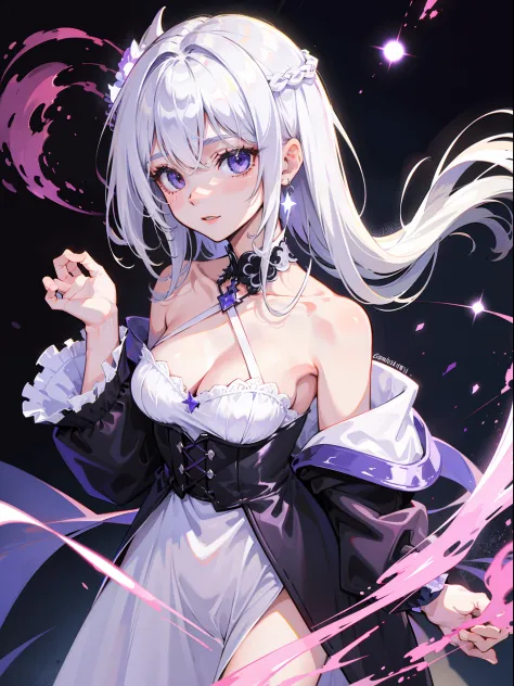 Silvery-white hair，Purple eye，Black off-the-shoulder dress，Starry sky shooting star background，Contre-Jour，Texture