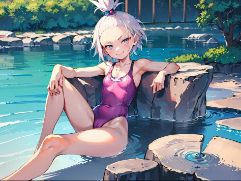 (Masterpiece:1.3), (Best quality:1.2), (illustration:1.2), (Ultra detailed:1.2), 1girll, Solo, Small breasts, Short hair, topknot, Forehead, freckle, view the viewer, Rose \(Pokemon\), White hair, Blue eyes, Smile, cheerfulness, pool, Pink one-piece swimsu...