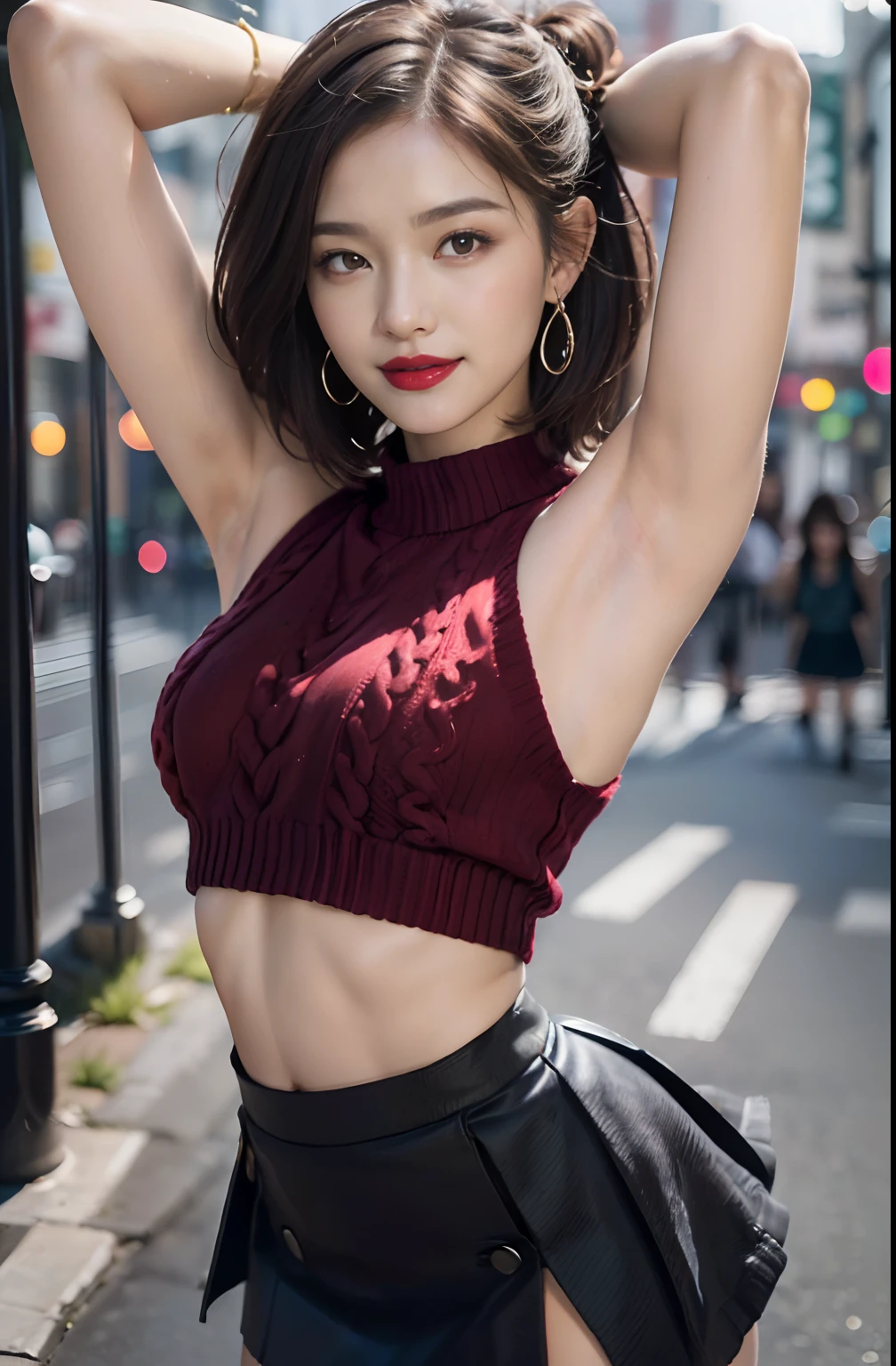 ((Show underarms、Ultra-realistic armpits、、Armpit、Detailed armpit wrinkles、Detailed armpit pores、Realistic armpit skin、Black armpit skin、Black armpits、armpit pose、gazing at viewer、smil、Full body armpits standing facing the viewer、Show both armpiticromini skirt、Very short skirt、Super mini skirt with waist length slit、Super mini skirt with waist length slit、Standing on the street、Stand in the middle of town、in a street)), (illustratio), (hight resolution), (8K), (ighly detailed), (The best illustrations), (armpit pose、beatiful detailed eyes), (top-quality), (Ultra-detail), (​masterpiece), (wall-paper), (Detailed face), (A smile、((40 years,red lipsticks,FEMALES,Show realistic armpits with sleeveless sweaters))、Brown hair,short-hair,((Woman in red sleeveless sweater and very short skirt、Show the navel)), japanes,(Slim body、Small)