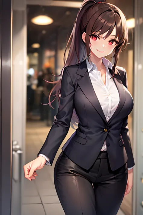 Red eyes, dusk skin, long brown hair, high ponytail, bottom of hair is light brown, breasts, suit-jacket, black pants, smiling, ...