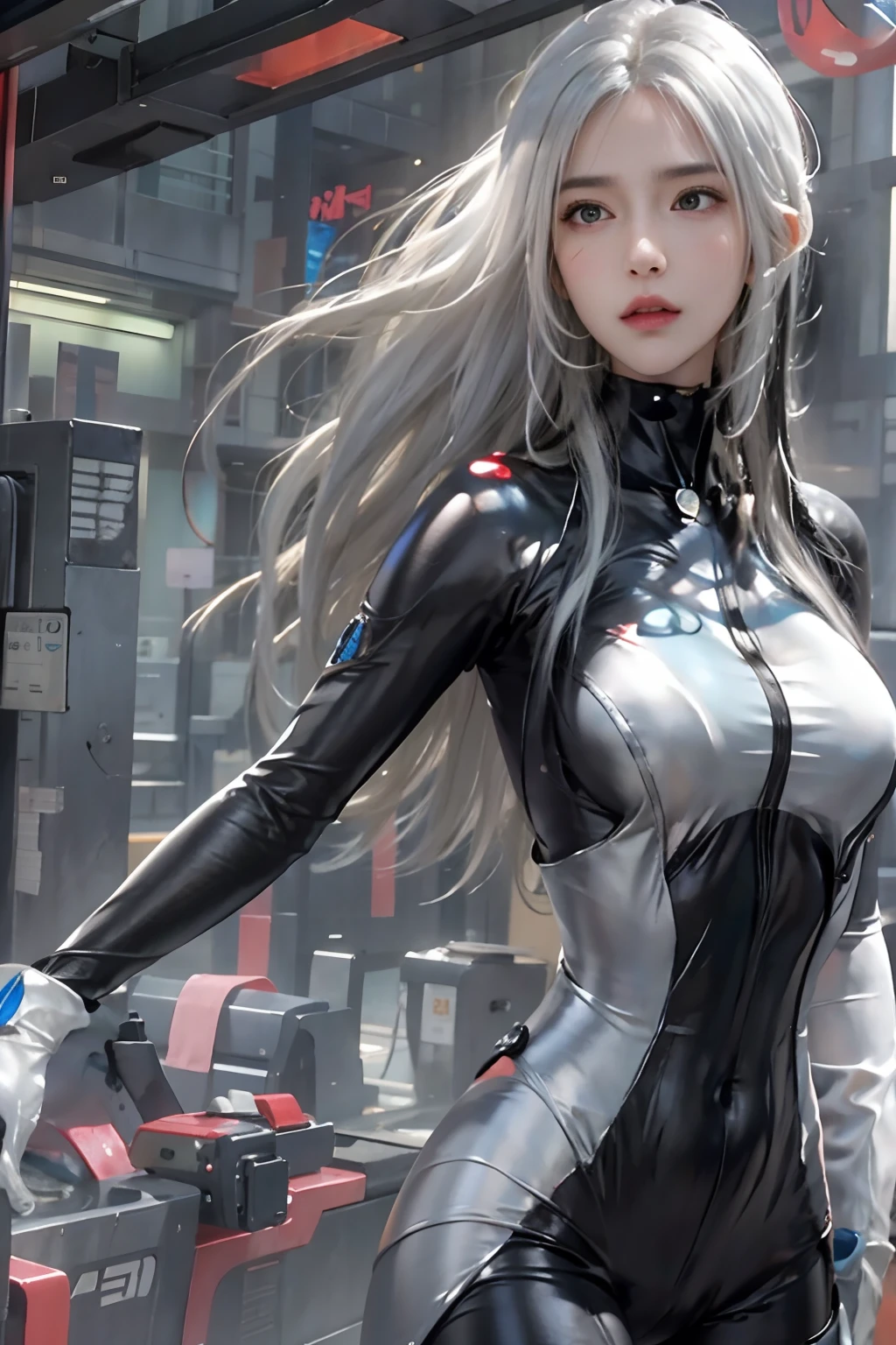 Photorealistic, High resolution, 1womanl, Solo, hips up high, look at viewr, (Detailed face), White hair, Long hair, Gantz, reika\(body suit\), Black Suit