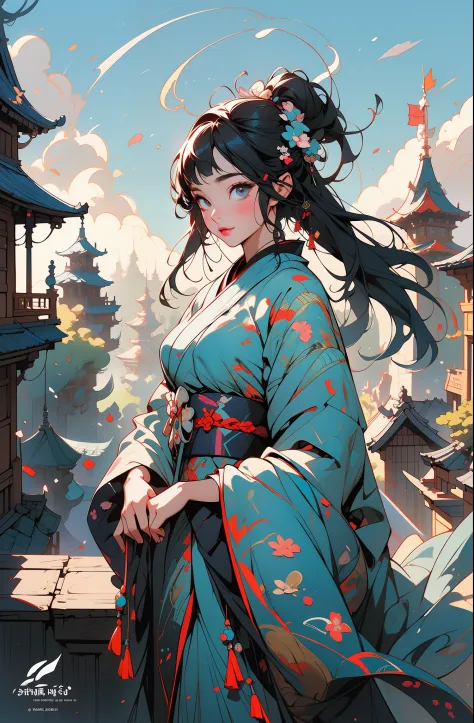 anime girl in a blue kimono dress sitting on a ledge, nice hands, nice face, nice body, alice x. zhang, artwork in the style of guweiz, ross tran 8 k, guweiz on artstation pixiv, guweiz on pixiv artstation, by Yang J, beautiful character painting, ross tra...