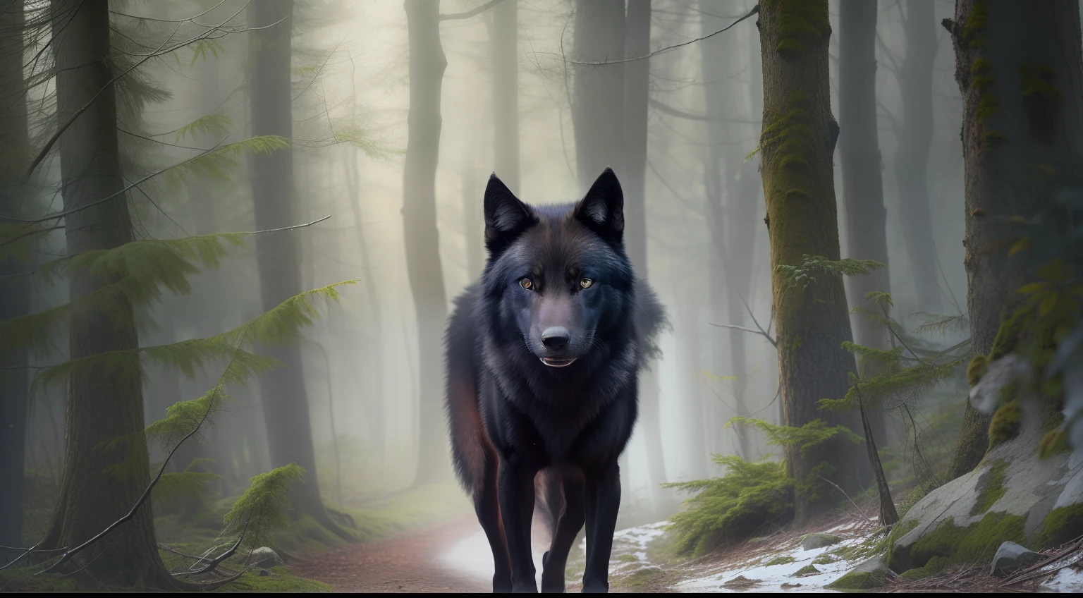 Ein schwarzer Wolf blickt bedrohlich in einen Wald, ultrarealistisch, fotografisch, Foto mit sehr hoher Auflösung