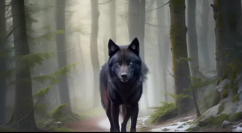 A black wolf facing a forest looking menacingly, ultrarrealista, photographic, Very high resolution photo