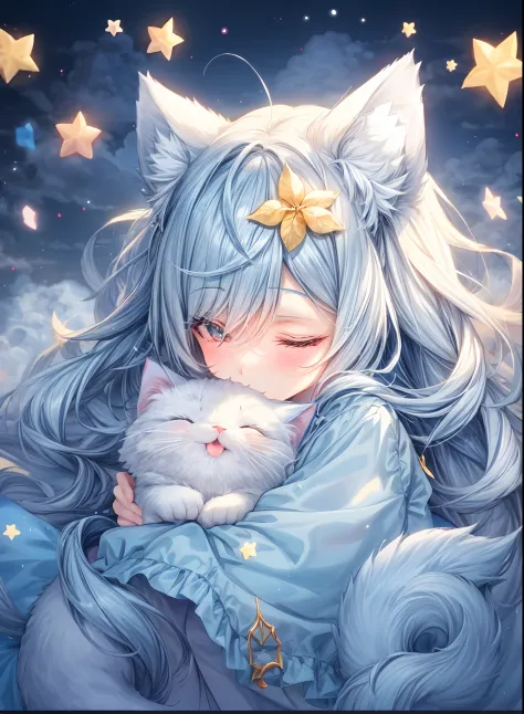 anime girl with blue hair and white cat ears sleeping in the clouds, top rated on pixiv, pixiv, cute anime catgirl, pixiv contes...