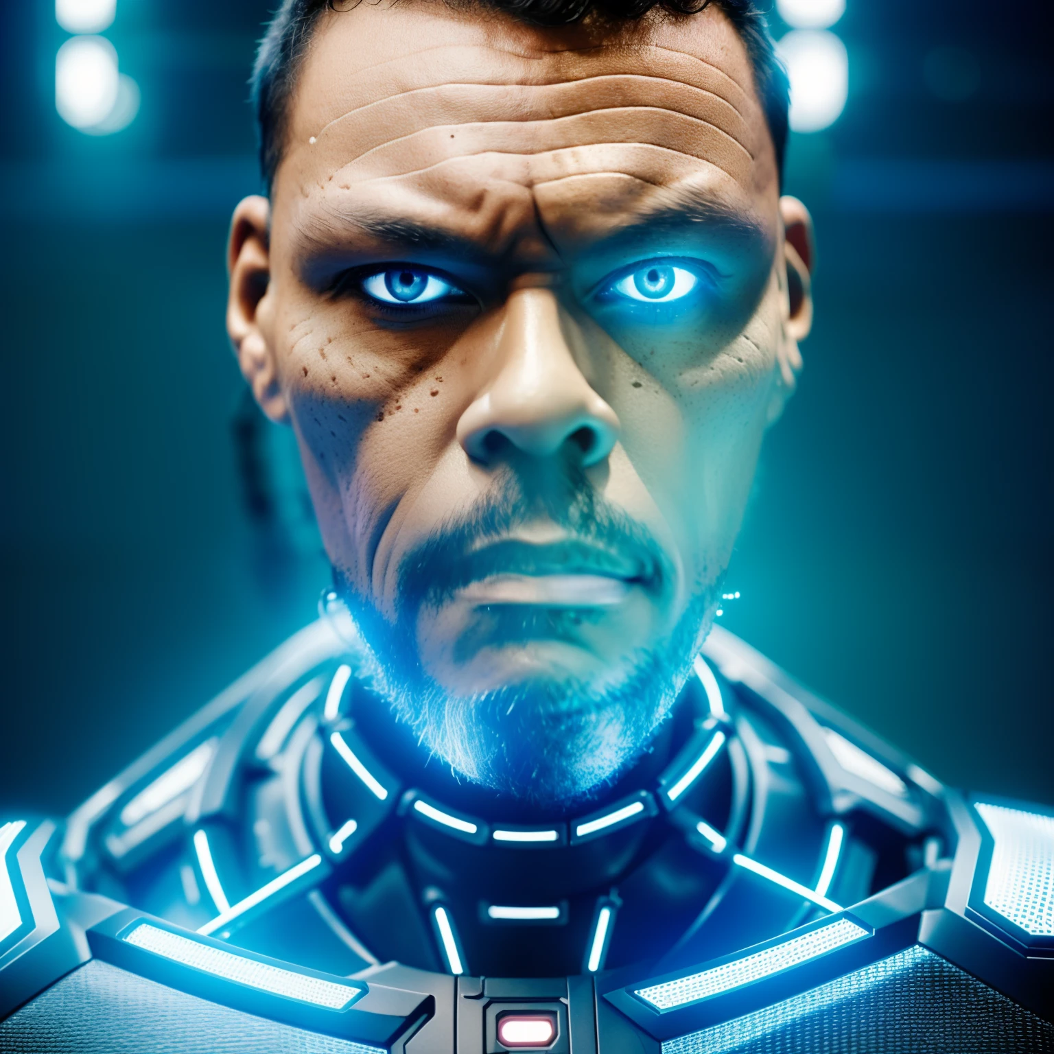 guttonerdvision10, A RAW portrait of a man from the future with metallic parts and wires implanted in his face, neck, and shoulders. This striking image captures a realistic depiction of a futuristic robot-like human with intricate metal implants seamlessly integrated into his skin. The level of detail in this portrayal emphasizes the precision and realism of the cybernetic enhancements, creating a visually stunning and thought-provoking image that offers a glimpse into a possible future where technology and humanity converge in remarkable ways.