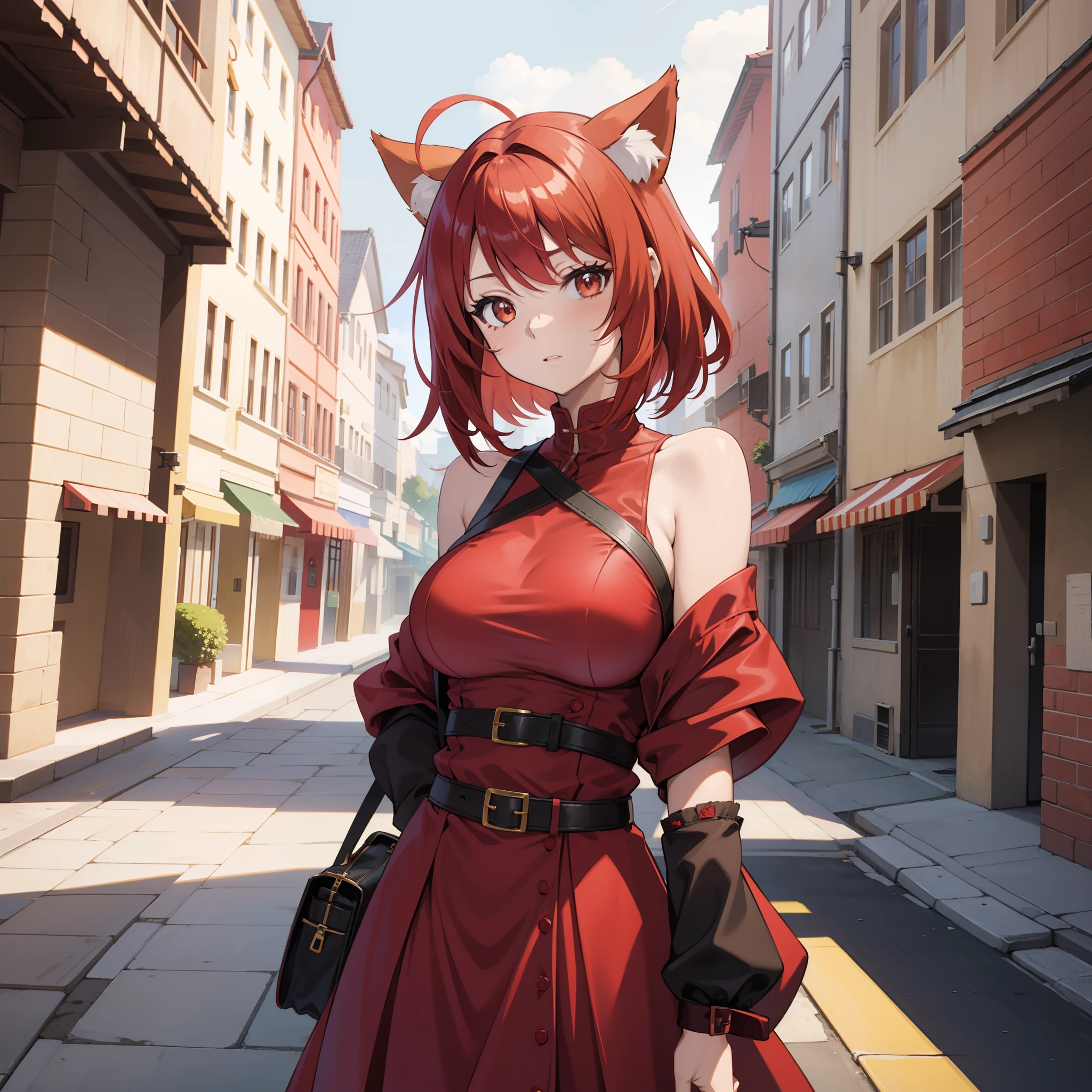 Anime girl, red hair, sexy, cute, large breasts, skinny, village, dress, fox ears