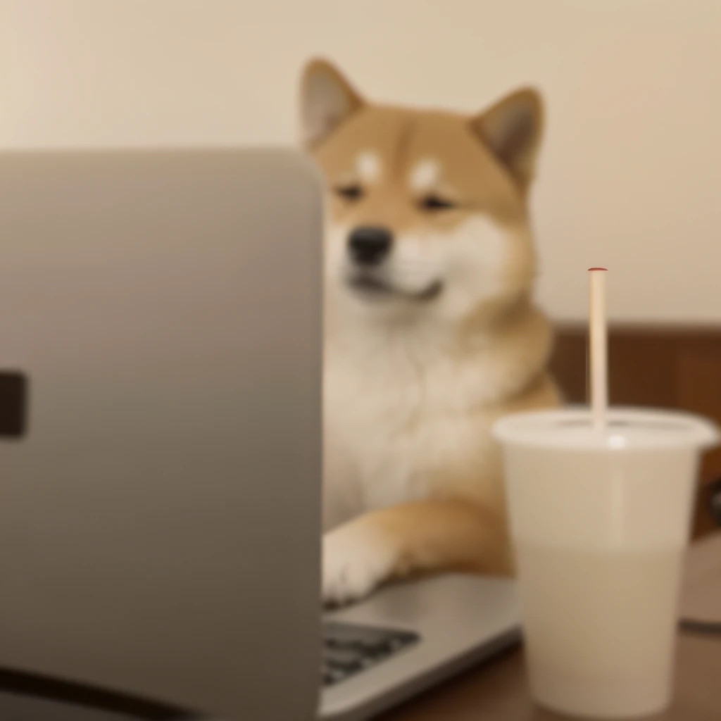 There is a dog sitting at a desk at the office, shibu inu, governor, Anthropomorphic Shiba Inu, Shiba dog, sitting in front of the computer, japanese dog, in front of a computer, doge meme, inspired by Shiba Kōkan, shiba inu portrait, having a snack, deblur