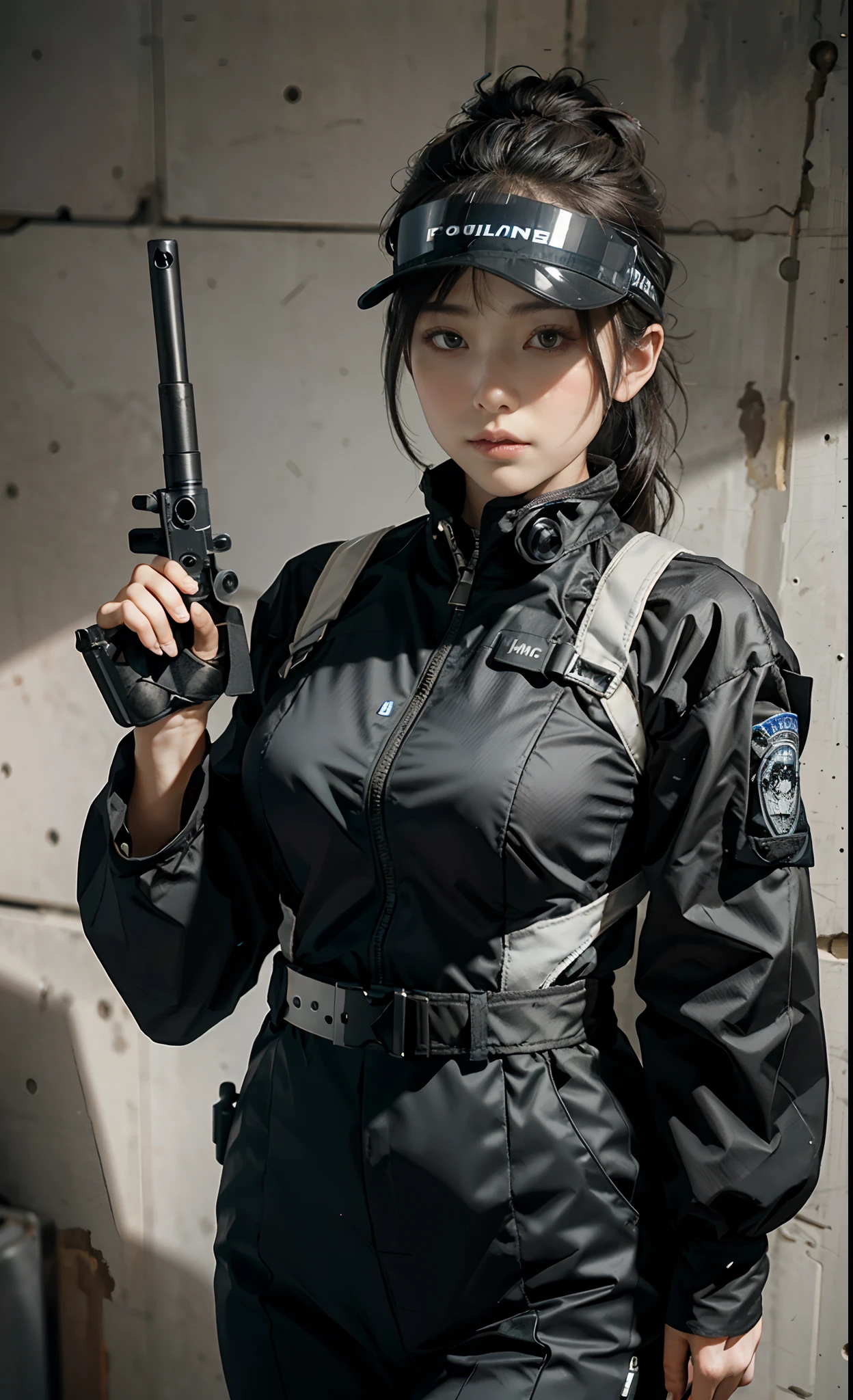 Highest image quality, outstanding details, ultra-high resolution, (realism: 1.4), (cowboy shot, from front, looking at another), highly condensed 1girl, delicate and beautiful face, big waist:0.7, thick thigh:0.7, (chubby:0.65),  ((holding a gun at the ready)), ponytail, captain, (wearing racing suit likes police uniform, black and gray mecha, wearing a visor, military harness, grenades, holding a machinegun with both hands), background simple grey wall,