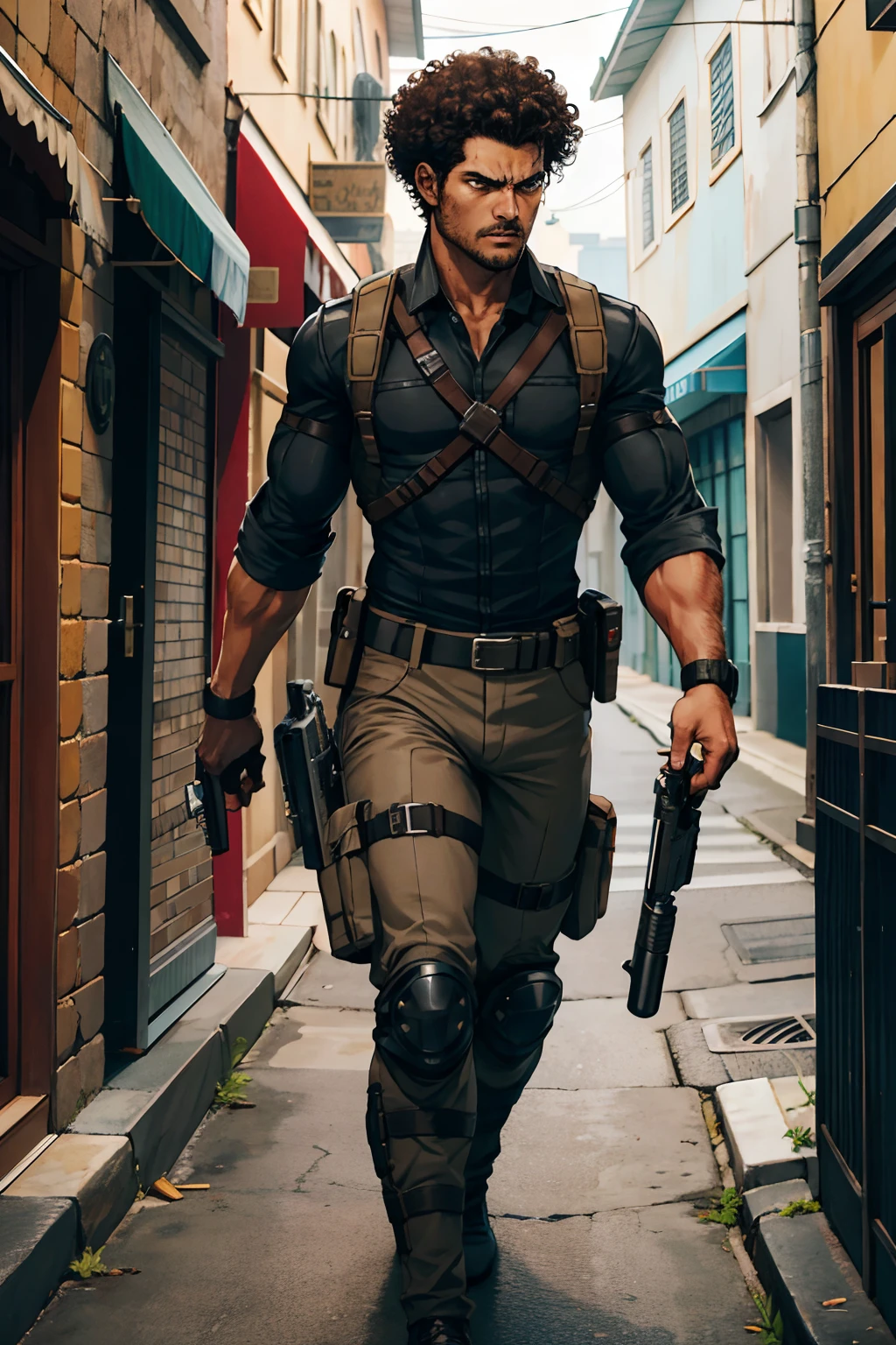 Resident evil guy light brown skin, curly hair, with holster, black clothes, tactical holster, and holding a gun, shooting, angry