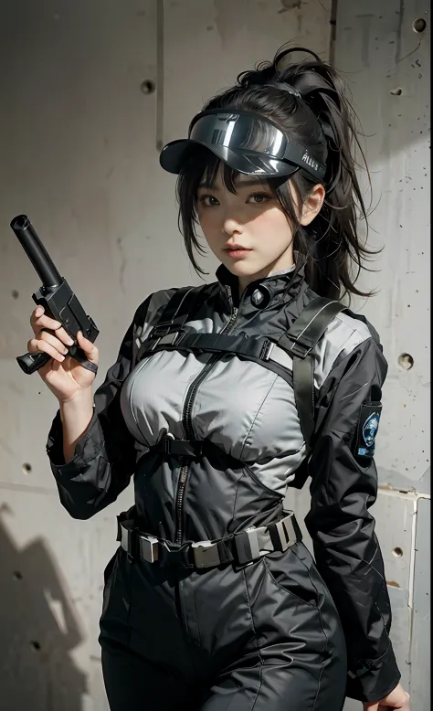 Highest image quality, outstanding details, ultra-high resolution, (realism: 1.4), (cowboy shot, from front, looking at another), highly condensed 1girl, delicate and beautiful face, big waist:0.7, thick thigh:0.7, (chubby:0.65),  ((holding a gun at the re...