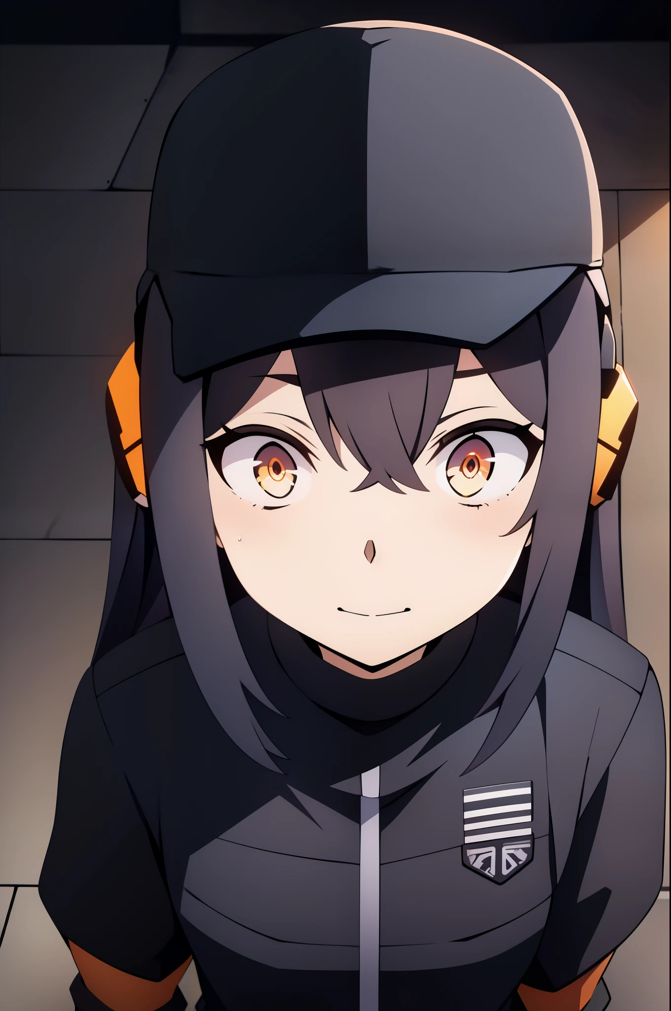 1girl, 2clones, black tactical cap, cap, tactical black railed headset, black long messy hair, black plain tshirt, armored, black shoulder pads, black tactical vest, black armor pads, black handgun holster, black tactical socks, tactical skirt, paranoid, wide eyes, empty expression, dead inside, wide eyes, going insane, orange colored eyes, doesnt feel good, small smile