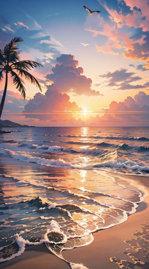 Absolutely mesmerizing sunset on the beach, The sky is a mix of orange, pink and yellow. The sea is crystal clear, Kissing the shore tenderly, The white sand stretches as far as the eye can see. The scene is full of movement, Breathtaking, Seagulls soar hi...