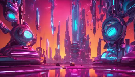 futuristic scene, many neon lights, futuristic robot in a distopic world, detailed, vibrant