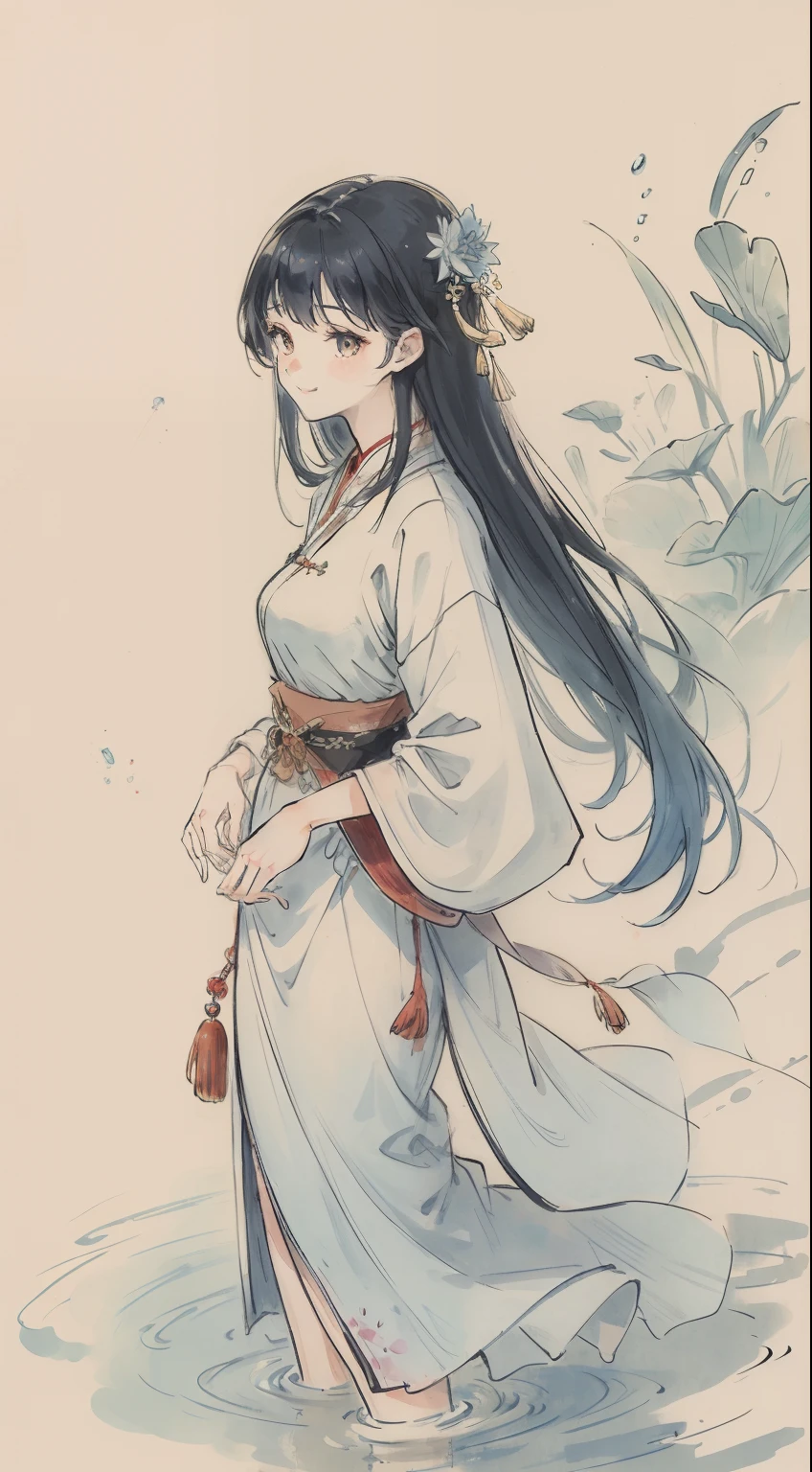 ((4k,masterpiece,best quality)), shuimobysim, traditional chinese ink painting, lotus, hanfu, maxiskit, dress conservatively 1girl, solo, long blue hair, smile, standing, feet in the water, barefoot,