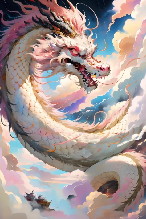 Best quality at best，tmasterpiece，4K，超高分辨率，（The long：1.2），No Man，​​clouds，red eyes，（Light the horn），with her mouth open，Skysky，Fang，a Oriental Dragons，mostly cloudy sky，teeth，fly in sky，Rained，dark cloude，black in color，salama