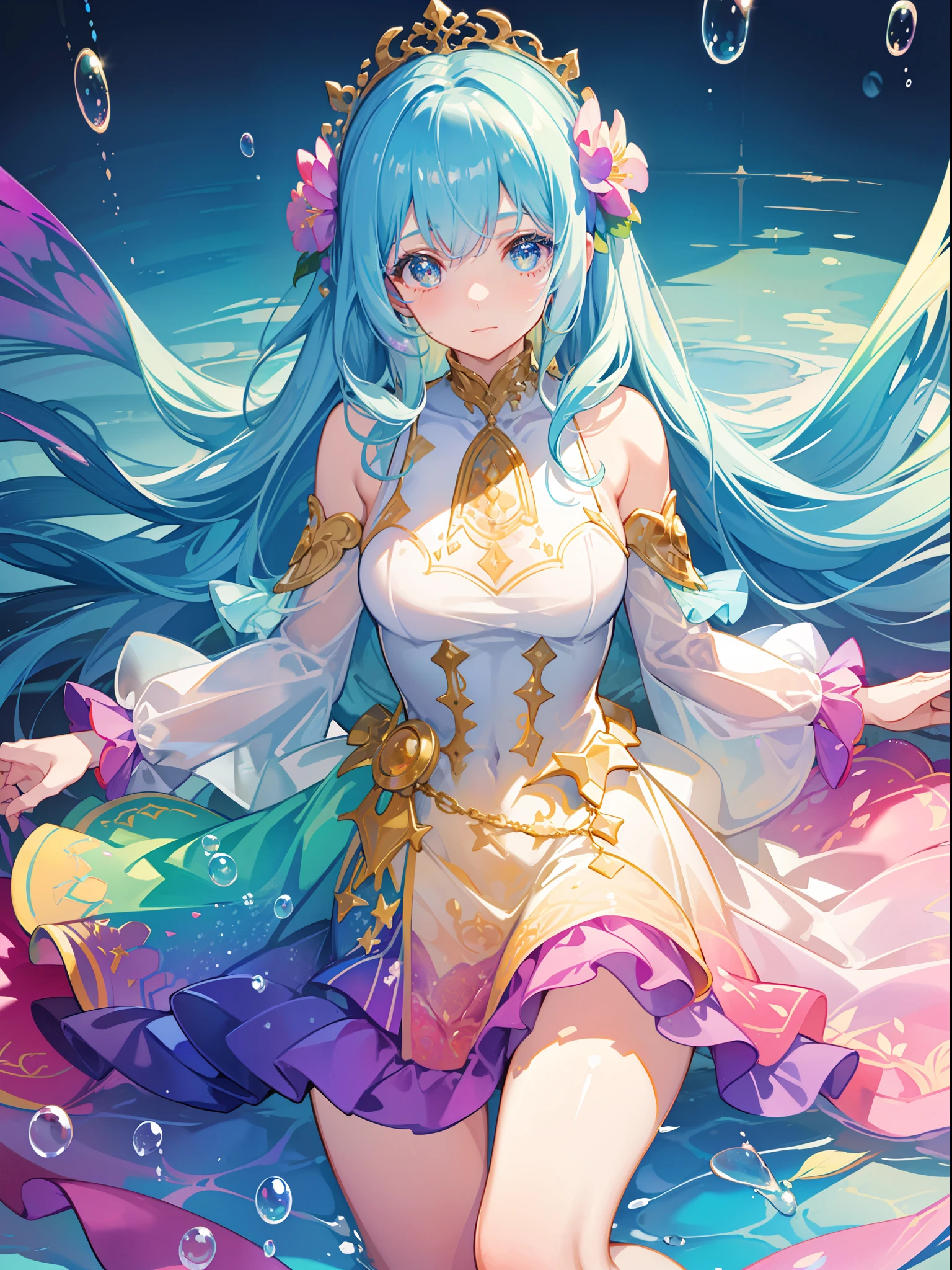 masterpiece, best quality, intricate details, beautiful girl, sparkling eyes, otherworldly liquid fantasia background, watercolor, bright vibrant colors, whimsical, colorful, layered tiered puffy long sleeve ballgown, ((iridescent rainbow bubbles))