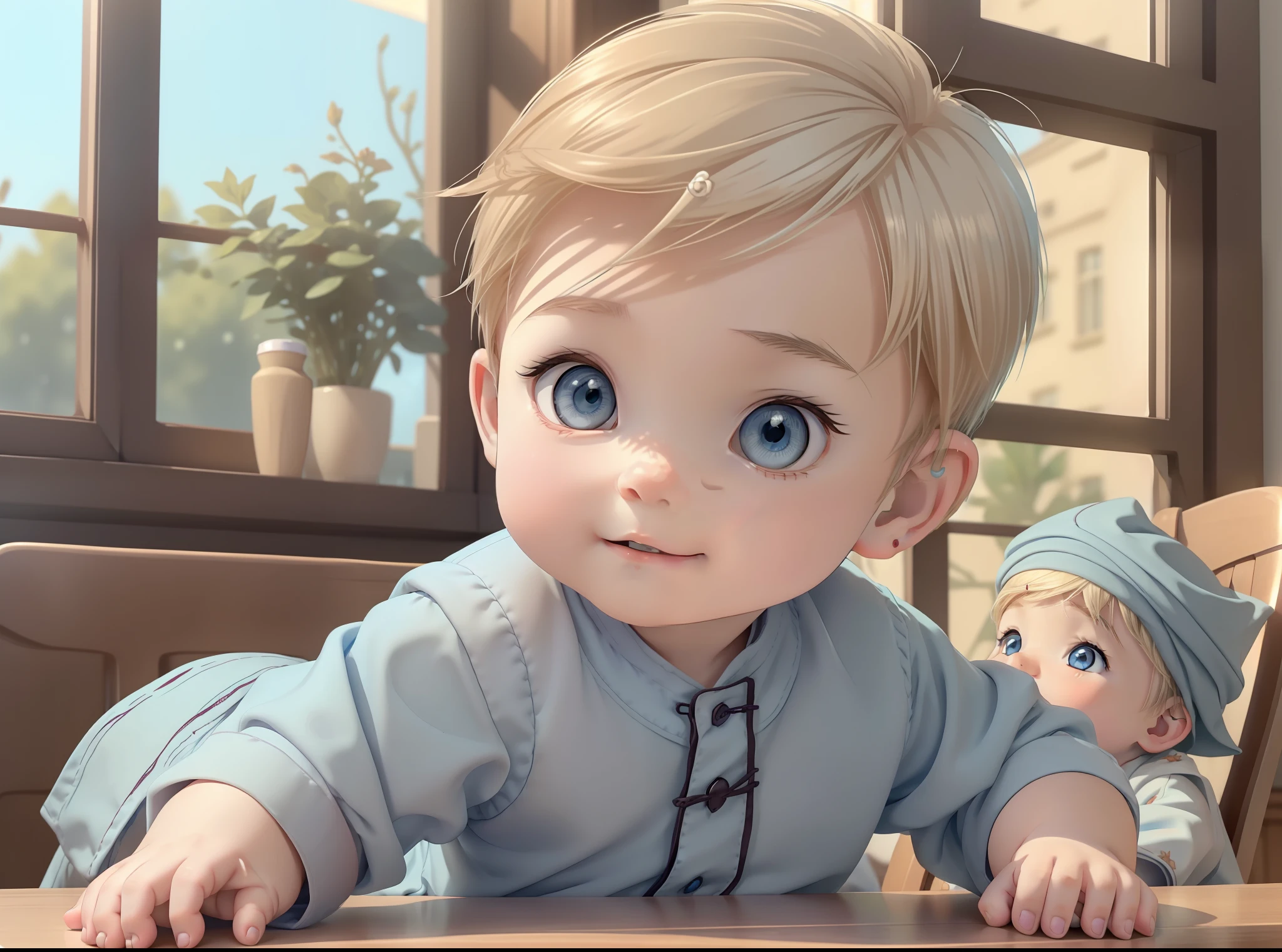 ​masterpiece, top-quality, 1other, ((Baby Boy)), Gamine, different color, finely eye and detailed face, intricate detailes, Wizarding World Costumes, baby clothes, Inside the coffee shop, Playing with chin on table, A smile, Happiness, tenderness, youthfulness, high-level image quality、 Beautiful Boys、short stature、window、𝓡𝓸𝓶𝓪𝓷𝓽𝓲𝓬、Englishman, k pop, Professional Photos, ((Vampires)), inspired by Sim Sa-jeong, androgynous vampire, :9 detailed face: 8, extra detailed face, detailed punk hair, ((Light blue eyes)) baggy eyes, Highly detailed, semi realistic anime, Vampires, hyperrealistic teen, delicate androgynous prince, imvu, short hair above the ears, Boy with a gentle smile, ((Little British baby boy with short blonde hair and light blue eyes)), ((1old-boy))