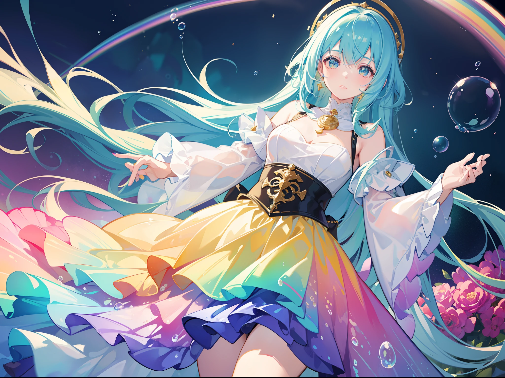 masterpiece, best quality, intricate details, beautiful girl, sparkling eyes, otherworldly liquid fantasia background, watercolor, bright vibrant colors, whimsical, colorful, layered tiered puffy long sleeve ballgown, ((iridescent rainbow bubbles))